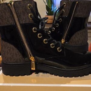 MICHAEL Michael Kors Black and Gold Lace Up Boots